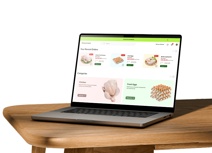 AkokoMarket platform on laptop showing fresh products